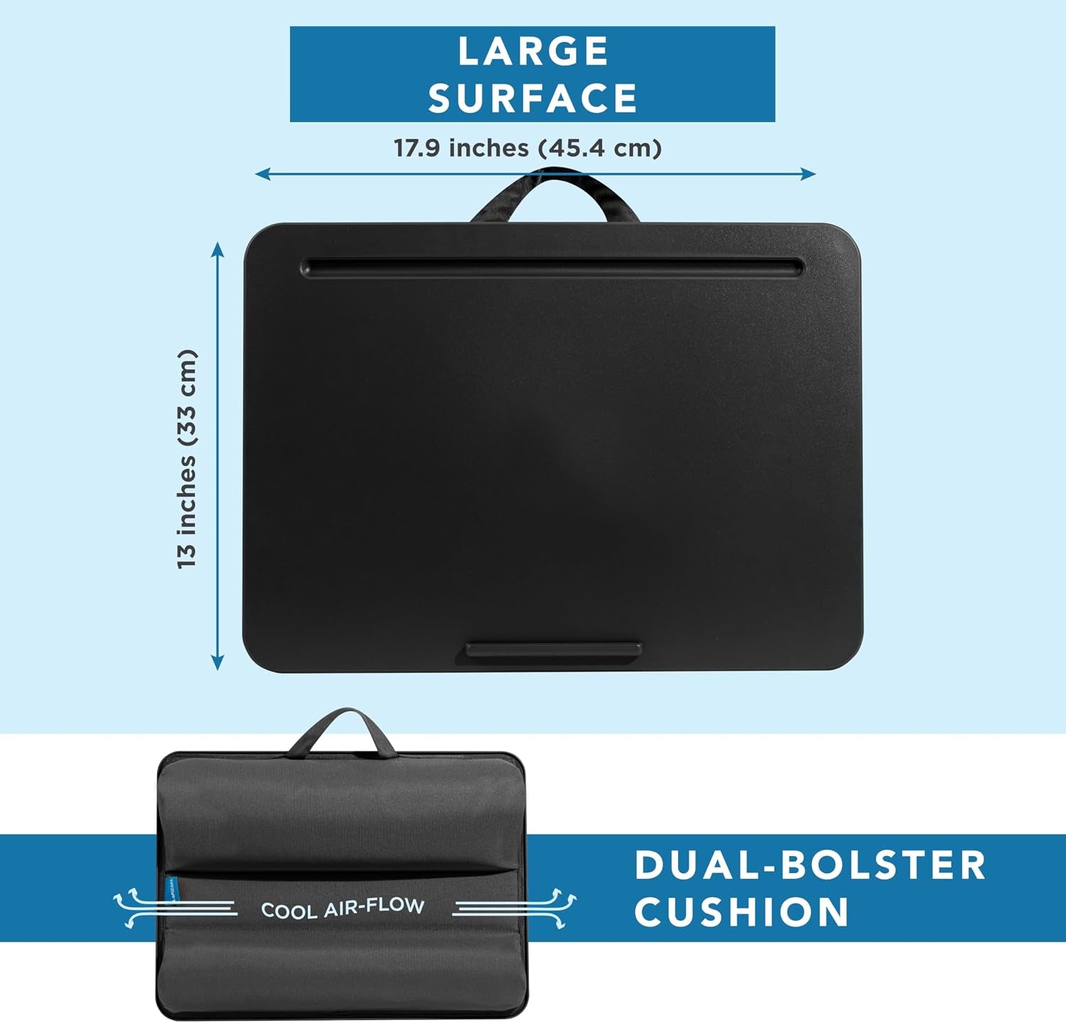 the Original Lap Desk – Black, Fits 17" Laptops | Microbead Cushion, Device Ledge, Built-In Pencil Tray, Carry Handle