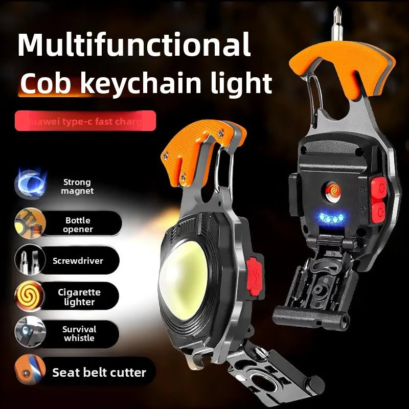 COB Keychain Work Light Multifunctional Cigarette Lighter Charging Portable Camping LED Strong Light Mini Camping Light