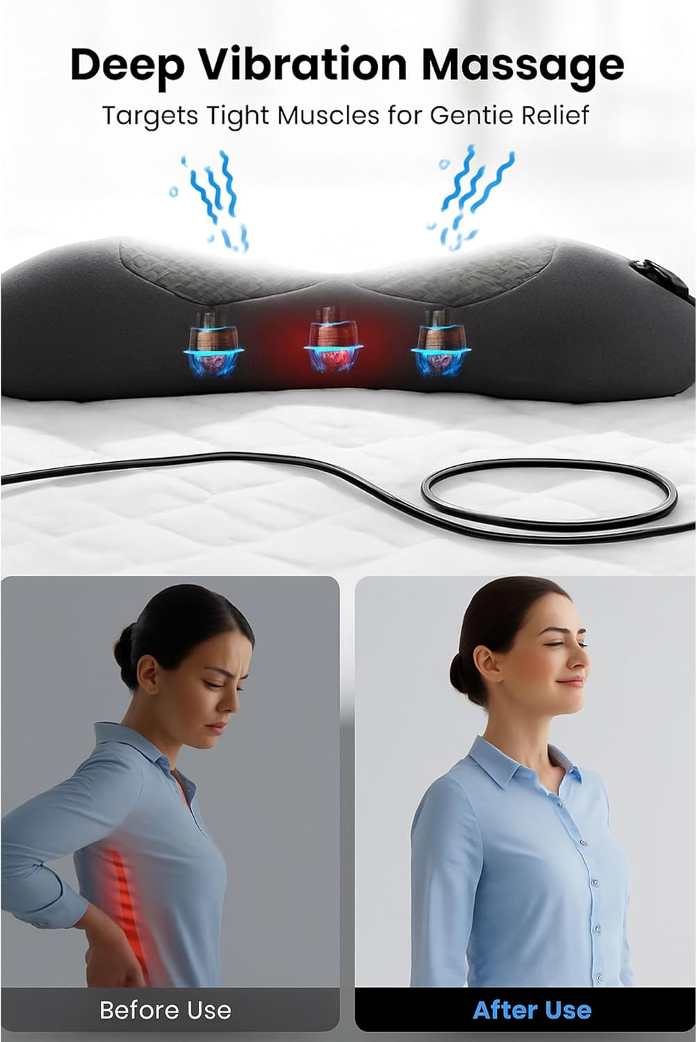 Triple Fusion Back Massager with Heat, Vibration and Gentle Stretch, USB Powered Lower Back Massager, Lumbar Support Pillow for Bed, Chair, Couch and Home Use, Gray