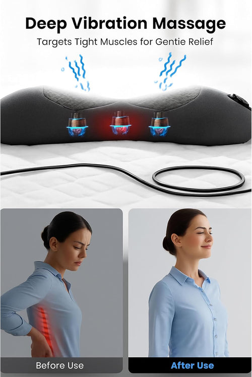 Triple Fusion Back Massager with Heat, Vibration and Gentle Stretch, USB Powered Lower Back Massager, Lumbar Support Pillow for Bed, Chair, Couch and Home Use, Gray