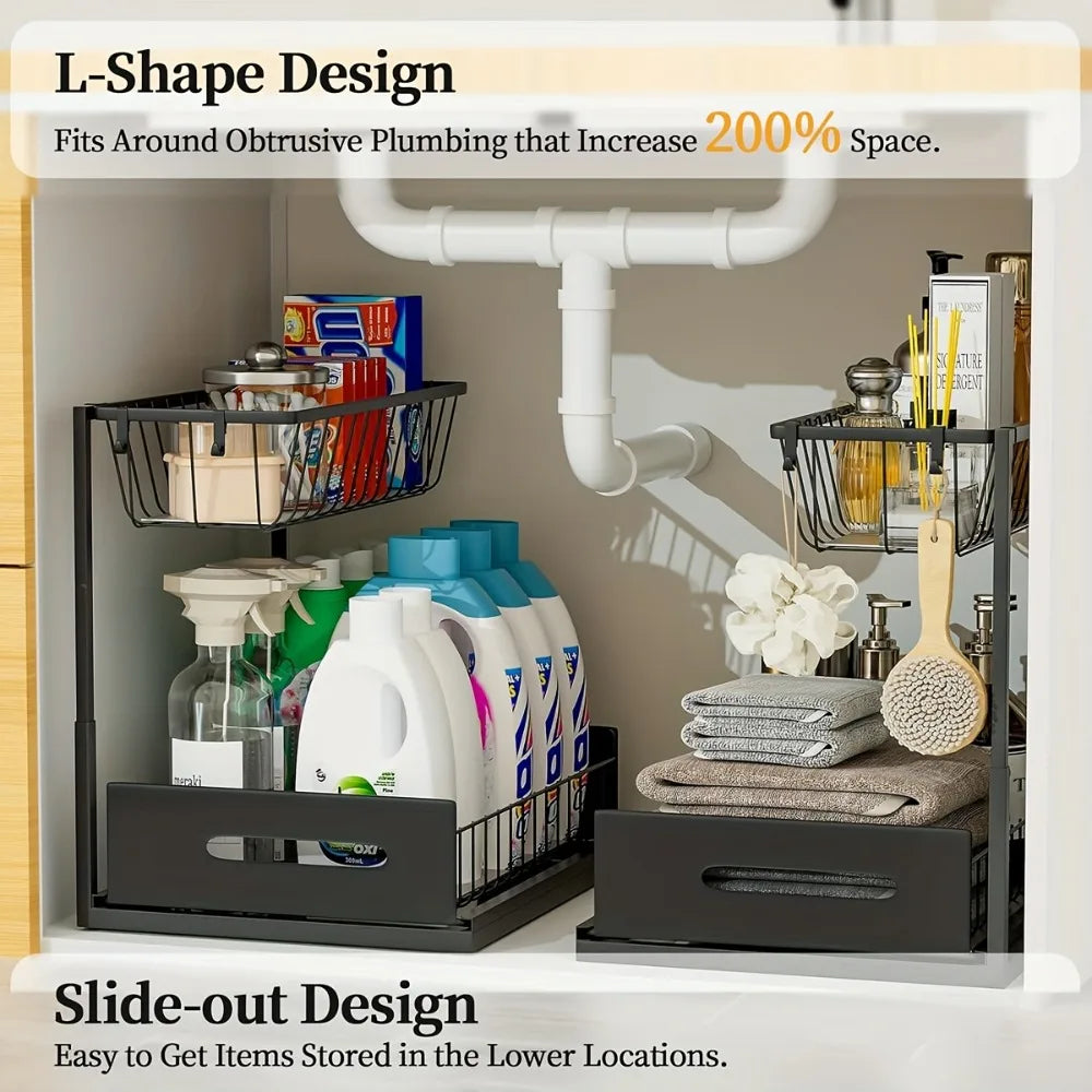 Under Sink Organizers, Metal Pull Out under Sink Organizers,Storage Shelves with Sliding Drawer,Under Sink Storage for Kitchen