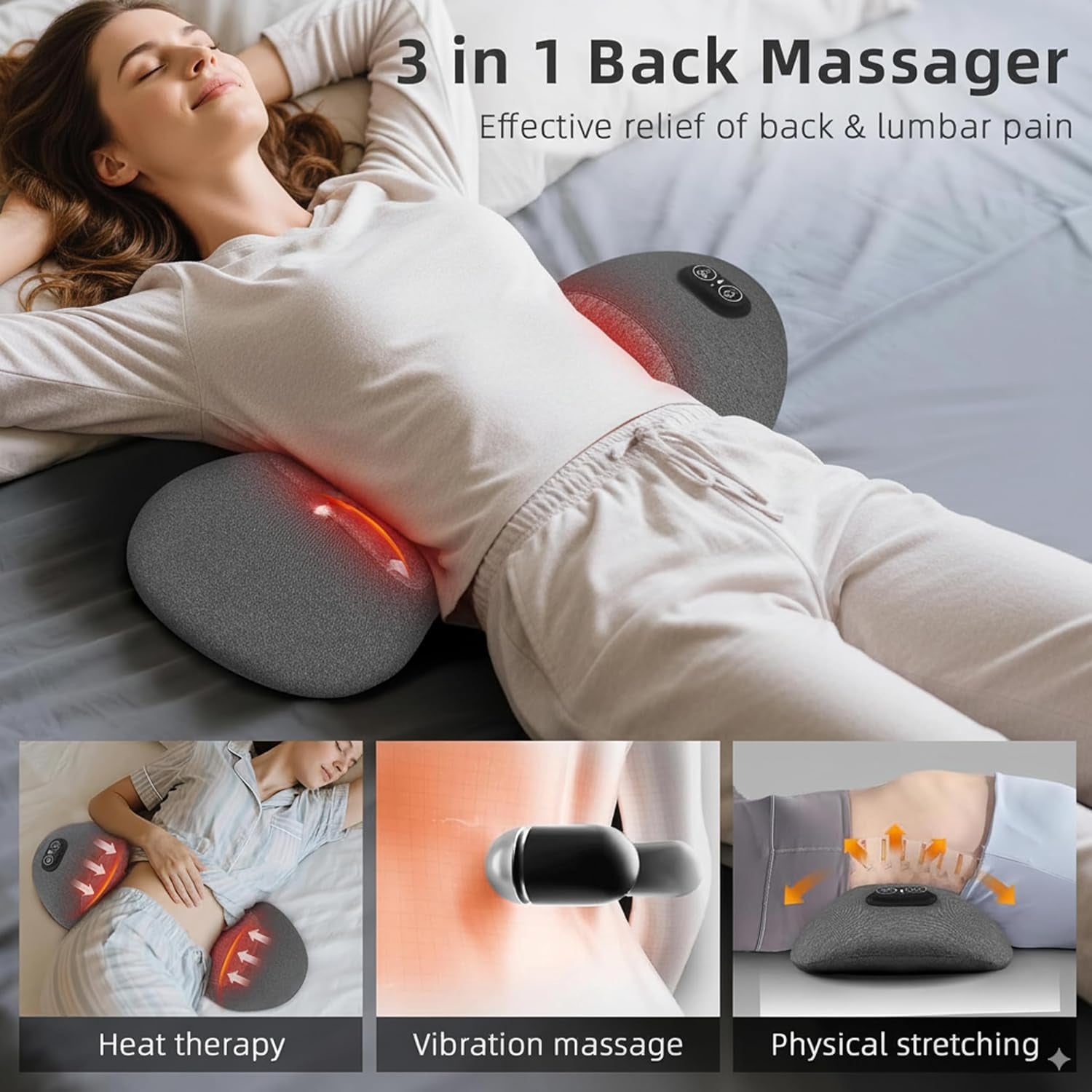 Triple Fusion Back Massager with Heat, Vibration and Gentle Stretch, USB Powered Lower Back Massager, Lumbar Support Pillow for Bed, Chair, Couch and Home Use, Gray