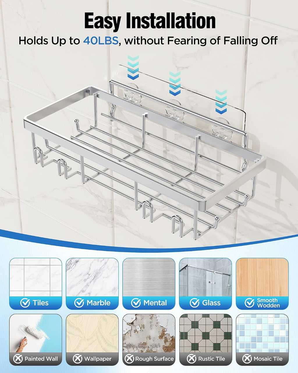 Shower Caddy 7 Pack, Adhesive Bathroom Shower Organizer for Bathroom Storage, No Drilling Large Capacity Rustproof Stainless Steel Shower Shelves Rack for Bath, Silver