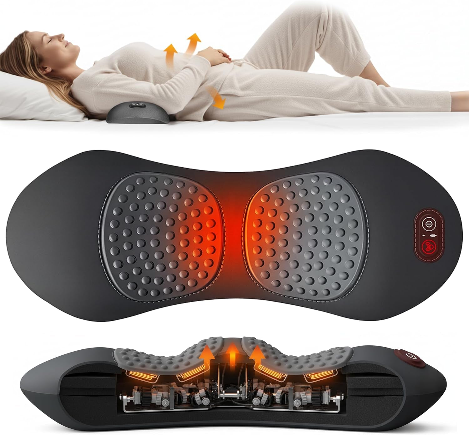 Triple Fusion Back Massager with Heat, Vibration and Gentle Stretch, USB Powered Lower Back Massager, Lumbar Support Pillow for Bed, Chair, Couch and Home Use, Gray