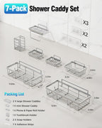 Shower Caddy 7 Pack, Adhesive Bathroom Shower Organizer for Bathroom Storage, No Drilling Large Capacity Rustproof Stainless Steel Shower Shelves Rack for Bath, Silver