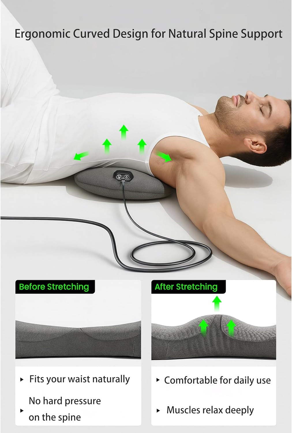 Triple Fusion Back Massager with Heat, Vibration and Gentle Stretch, USB Powered Lower Back Massager, Lumbar Support Pillow for Bed, Chair, Couch and Home Use, Gray