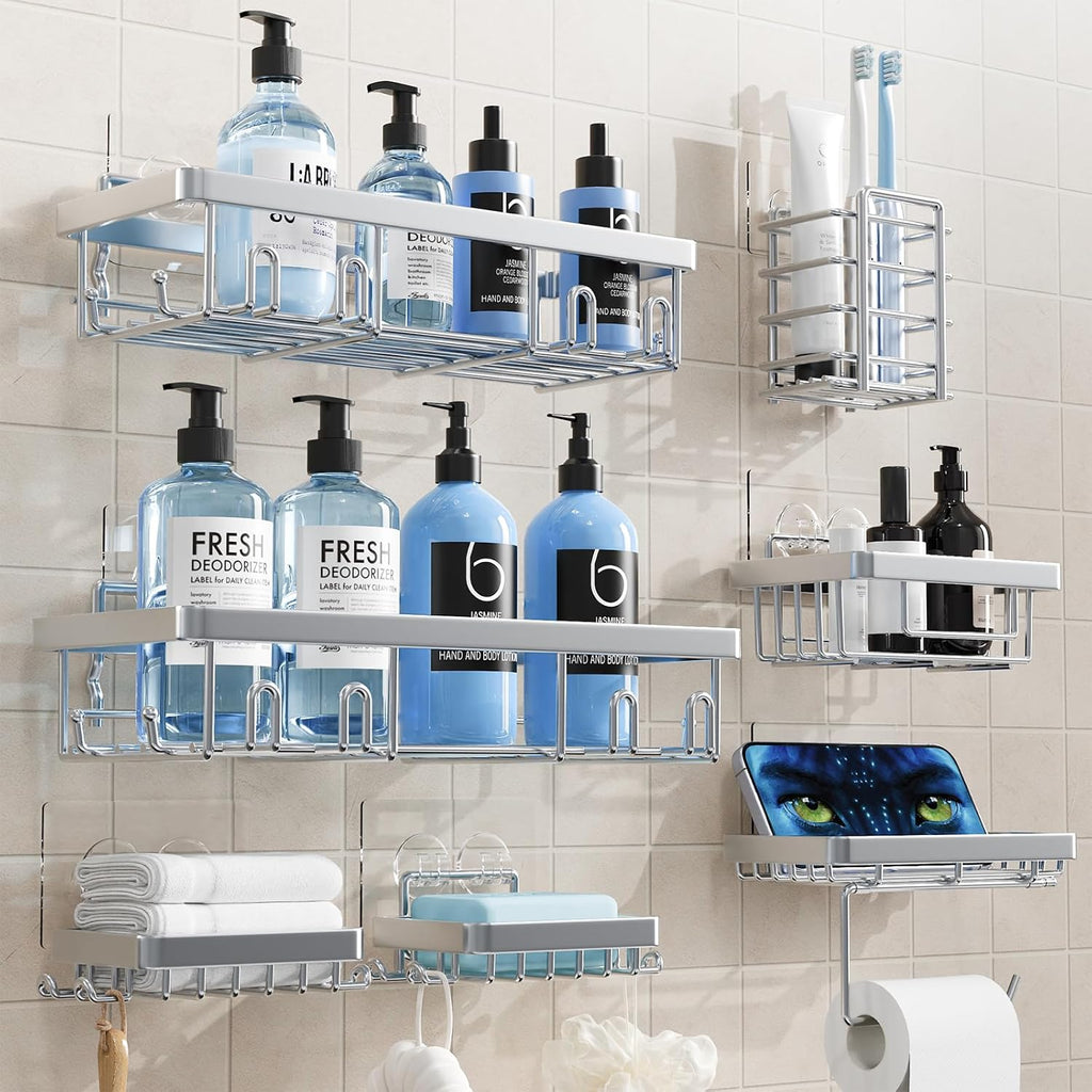 Shower Caddy 7 Pack, Adhesive Bathroom Shower Organizer for Bathroom Storage, No Drilling Large Capacity Rustproof Stainless Steel Shower Shelves Rack for Bath, Silver