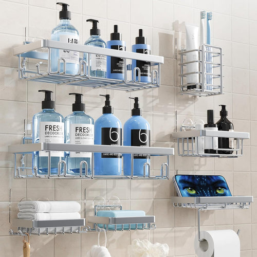 Shower Caddy 7 Pack, Adhesive Bathroom Shower Organizer for Bathroom Storage, No Drilling Large Capacity Rustproof Stainless Steel Shower Shelves Rack for Bath, Silver